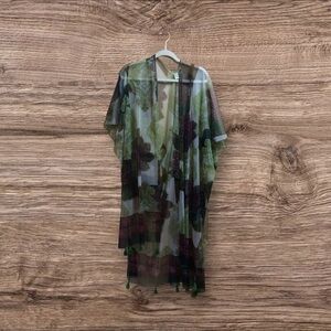 Cato, sheer duster/kimono. One size. Green. Fringe tassel.